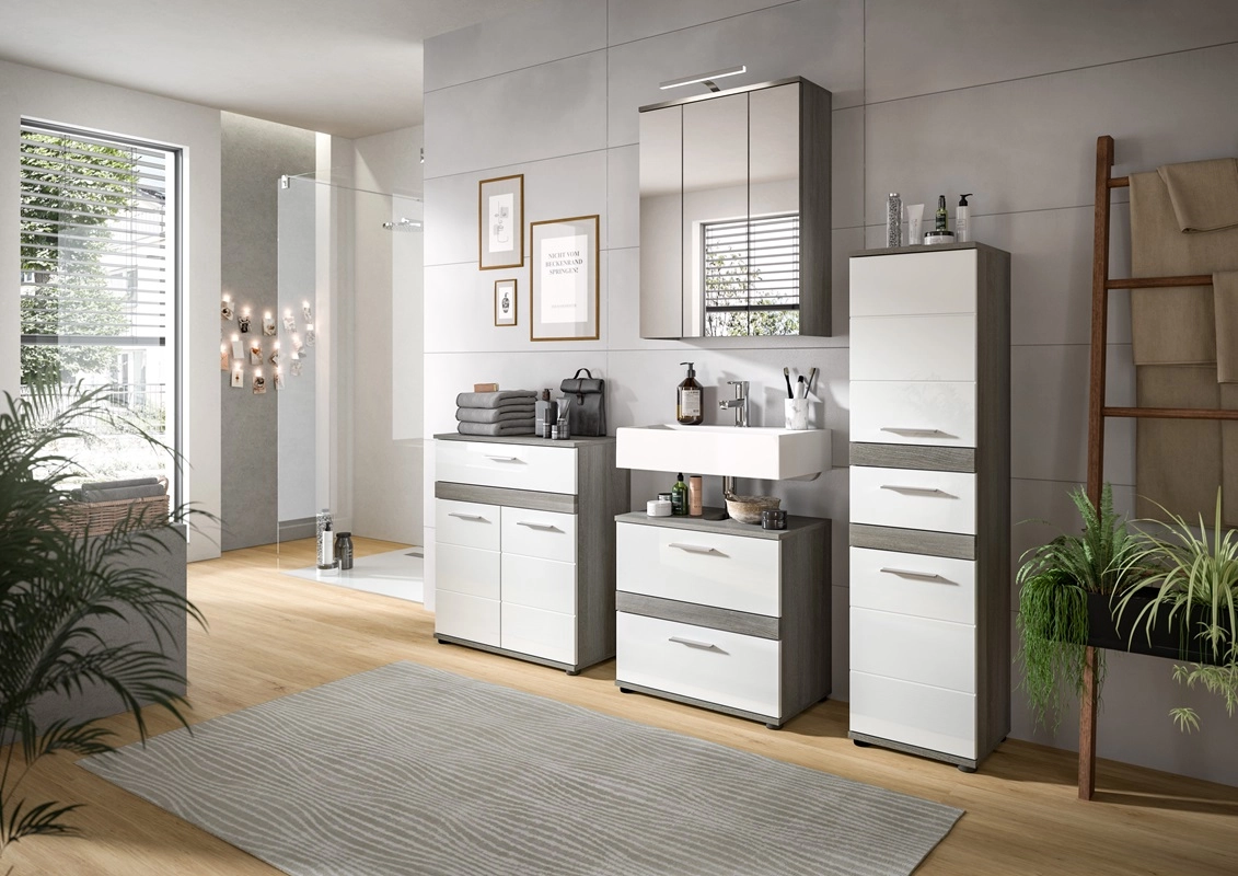 Mobile bagno moderno 60xH191 specchio con led bianco lucido rovere grigio Hollis-8