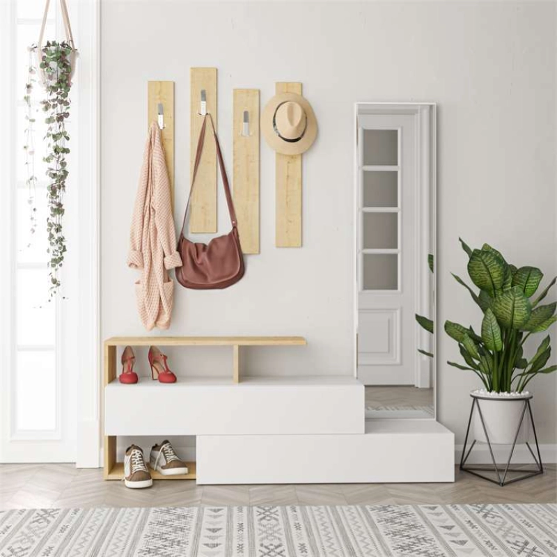 Mobile ingresso moderno specchio 137xH154 cm appendiabiti bianco rovere Cooper