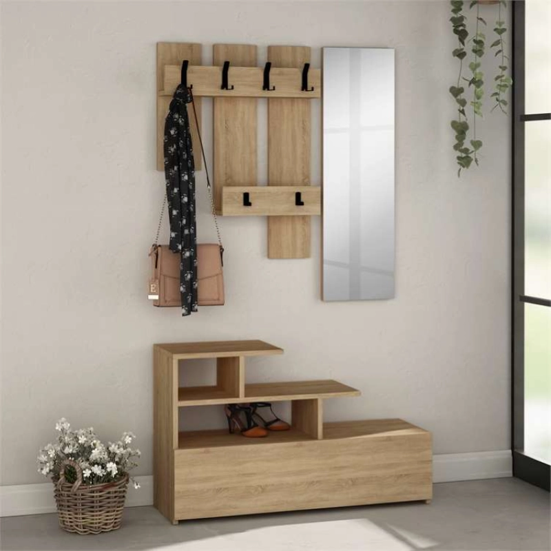 Mobile ingresso moderno 100xH61 cm appendiabiti scarpiera rovere Trinity