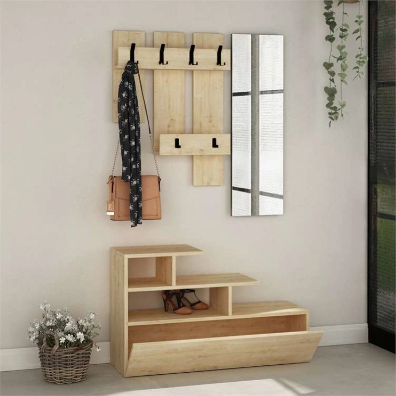 Mobile ingresso moderno 100xH61 cm appendiabiti scarpiera rovere Trinity