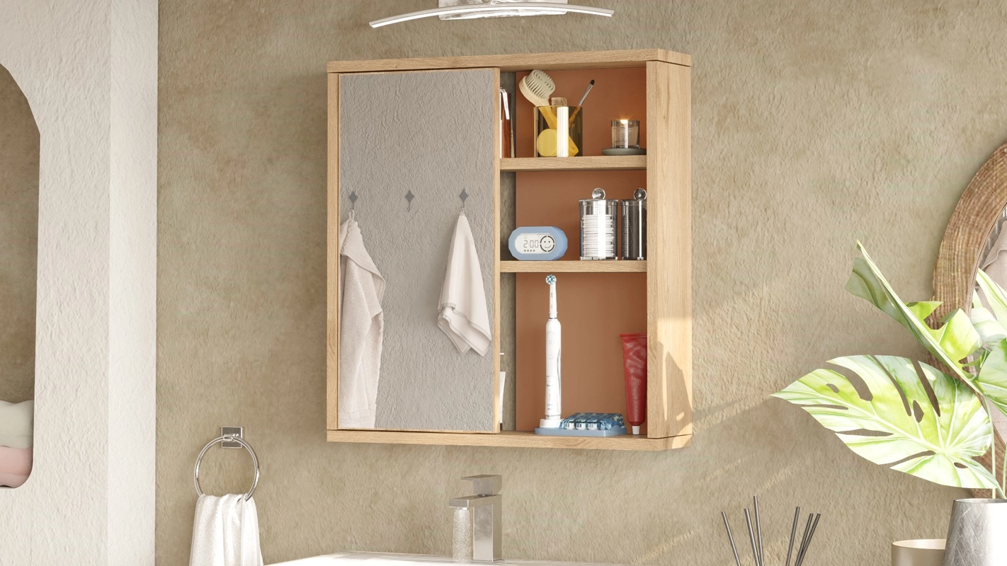 Specchio bagno pensile 2 mensole moderno 60xH64 rovere mattone Prisma-S