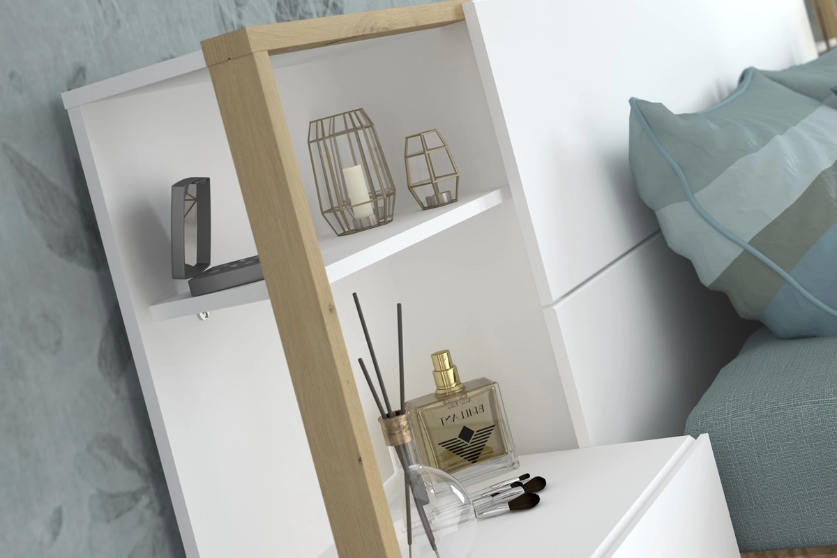 Letto matrimoniale moderno testiera attrezzata libreria comodini rovere bianco Zenko