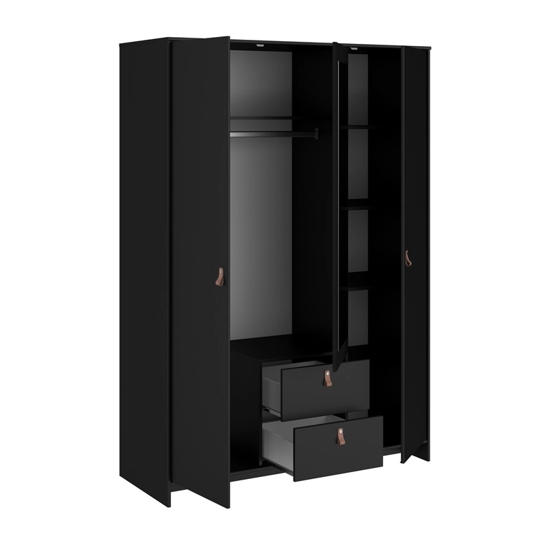 Armadio guardaroba moderno 3 ante battente 2 cassetti L137xH196 cm nero specchio Dokk