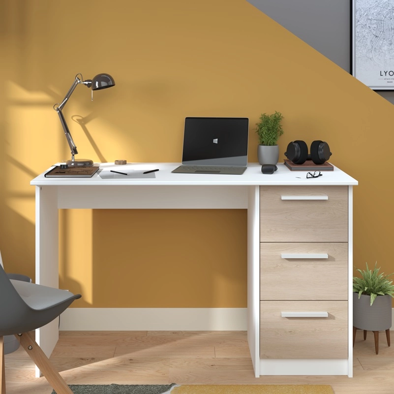 Scrivania ufficio moderna design 3 cassetti L121xP55 cm bianco rovere Vektor