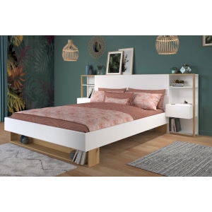 Letto matrimoniale moderno testiera attrezzata libreria comodini rovere bianco Zenko